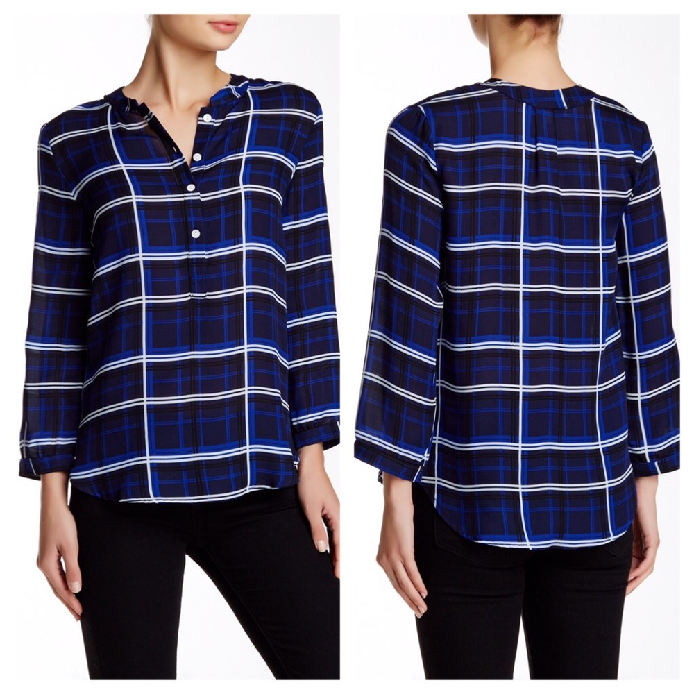 Amour Vert Plaid Odette Silk Blouse XS Blue Black